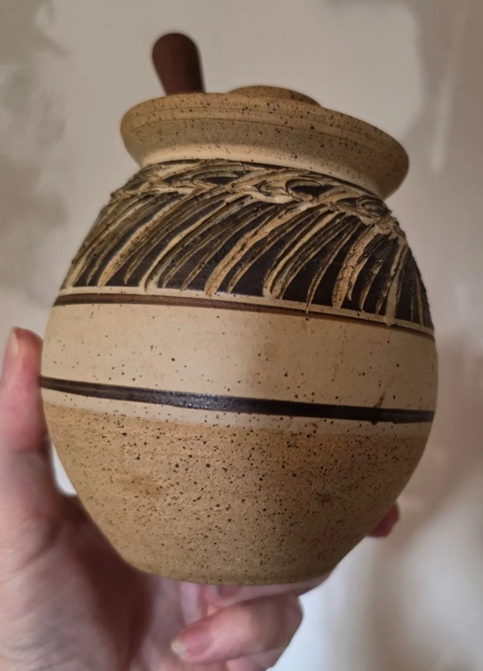Handmade MCM Stoneware Honey Pot w/Walnut Dipper Signed